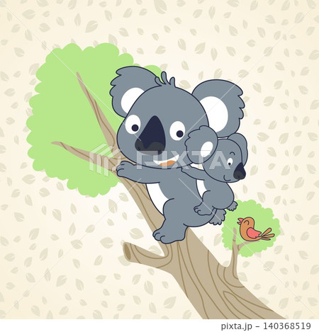 Funny koala with it cub climbing tree on leaves background pattern, vector cartoon illustration Funny koala with it cub climbing tree on leaves background pattern, vector cartoon illustration 140368519
