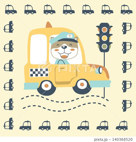 cute cat driving taxi in silhouette vehicles frame border, vector cartoon cute cat driving taxi in silhouette vehicles frame border, vector cartoon 140368520