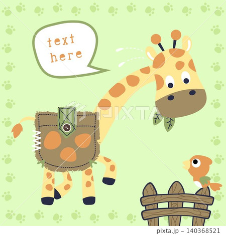 Vector cartoon of funny giraffe with bird on fence in footpath frame border Vector cartoon of funny giraffe with bird on fence in footpath frame border 140368521