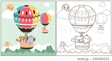 vector cartoon of hot air balloons with cute animals, coloring book or page vector cartoon of hot air balloons with cute animals, coloring book or page 140368522