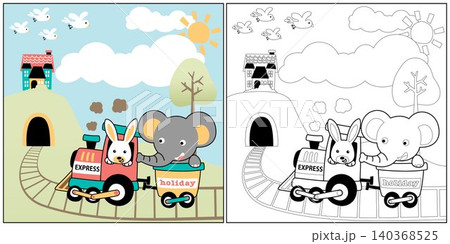 vector cartoon of cute rabbit with elephant on steam train, coloring book or page vector cartoon of cute rabbit with elephant on steam train, coloring book or page 140368525