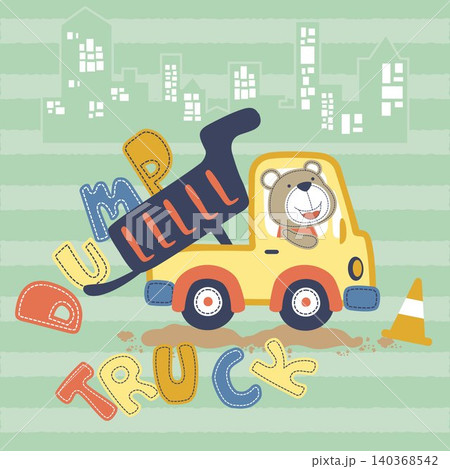 cute bear driving dump truck on buildings background, vector cartoon illustration cute bear driving dump truck on buildings background, vector cartoon illustration 140368542