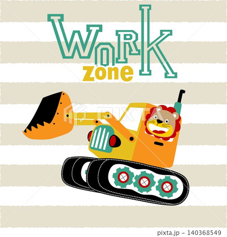vector cartoon of cute lion driving construction vehicle on striped background 140368549