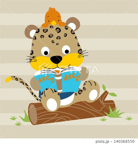 vector cartoon of cute leopard sitting on tree trunk with little bird reading a book vector cartoon of cute leopard sitting on tree trunk with little bird reading a book 140368550