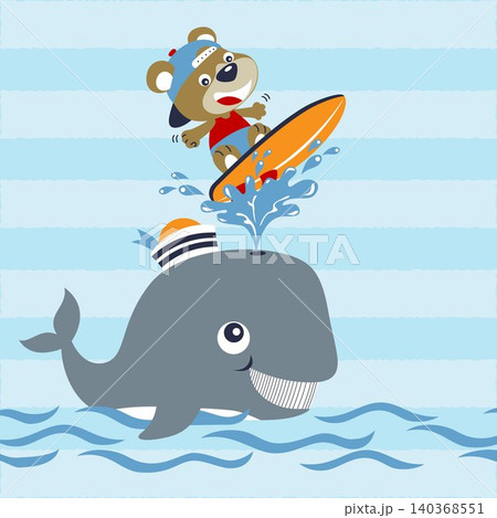 vector cartoon of cute bear in surfing with funny whale vector cartoon of cute bear in surfing with funny whale 140368551