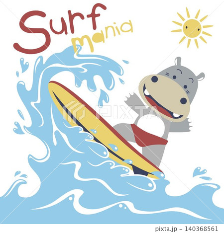 Cute hippo surfing at summer, vector cartoon illustration Cute hippo surfing at summer, vector cartoon illustration 140368561