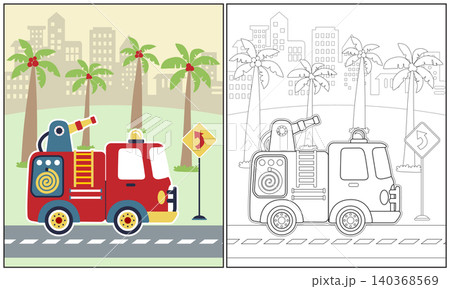 vector cartoon illustration of fire truck with palm tree on building background, coloring book or page vector cartoon illustration of fire truck with palm tree on building background, coloring book or page 140368569