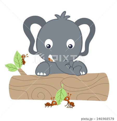 little elephant with ants on tree trunk, vector cartoon illustration little elephant with ants on tree trunk, vector cartoon illustration 140368579