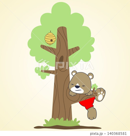 little bear try to climbing a tree, bee hive on tree, vector cartoon illustration little bear try to climbing a tree, bee hive on tree, vector cartoon illustration 140368581