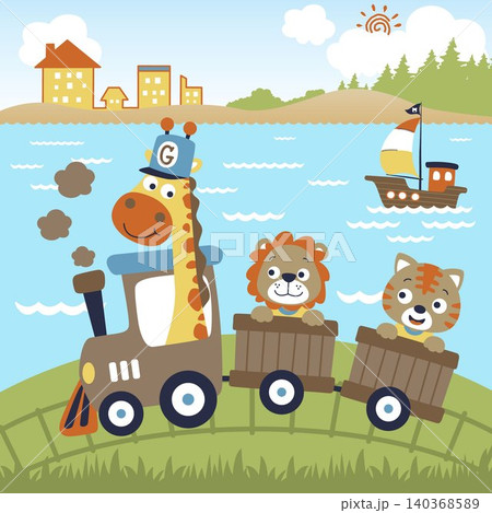 funny animals vacation with steam train on sea coast background, vector cartoon illustration 140368589