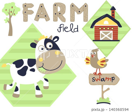 Funny cow with chicken and barn, farming element, vector cartoon illustration Funny cow with chicken and barn, farming element, vector cartoon illustration 140368594