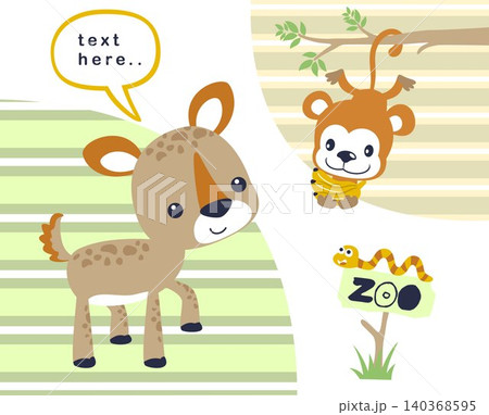 cute deer with monkey and caterpillar on striped background, vector cartoon illustration 140368595