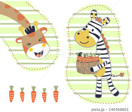funny zebra carrying lots of carrot for giraffe, vector cartoon illustration funny zebra carrying lots of carrot for giraffe, vector cartoon illustration 140368601