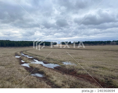 Muddy country road with puddles in a vast field under a dramatic cloudy sky. Muddy country road with puddles in a vast field under a dramatic cloudy sky. 140368694