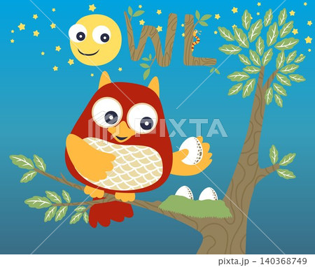 Cute owl holding it eggs on tree at night with smiling full moon, vector cartoon illustration Cute owl holding it eggs on tree at night with smiling full moon, vector cartoon illustration 140368749