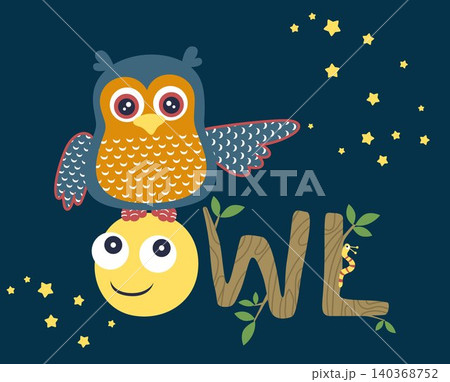Funny owl cartoon perch on smiling moon at night, caterpillar creep on wooden alphabet 140368752