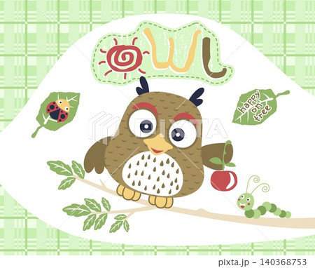 cute owl perch on tree branches with insect while holding a fruit, vector cartoon illustration cute owl perch on tree branches with insect while holding a fruit, vector cartoon illustration 140368753
