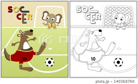 Funny kangaroo with elephant playing soccer, vector cartoon illustration, coloring book or page Funny kangaroo with elephant playing soccer, vector cartoon illustration, coloring book or page 140368760