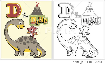 Funny dinosaurs with volcano eruption, vector cartoon, coloring book or page 140368761