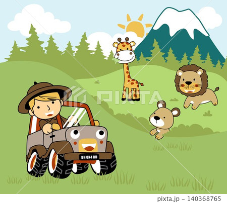 Little boy on car in the safari park with friendly animals, vector cartoon illustration Little boy on car in the safari park with friendly animals, vector cartoon illustration 140368765