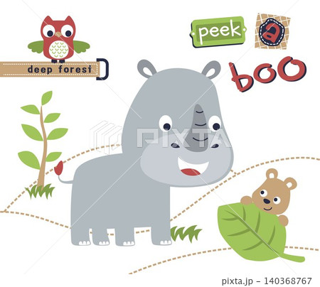 funny rhino with little friends, vector cartoon illustration funny rhino with little friends, vector cartoon illustration 140368767