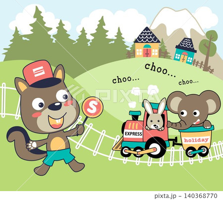 Funny bunny and elephant on steam train, squirrel the doorman rail, vector cartoon illustration Funny bunny and elephant on steam train, squirrel the doorman rail, vector cartoon illustration 140368770