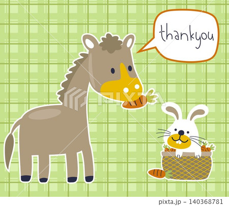 funny donkey and rabbit with lots of carrots on striped background, vector cartoon funny donkey and rabbit with lots of carrots on striped background, vector cartoon 140368781