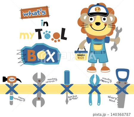 Cute lion in mechanic costume with work tools, vector cartoon illustration 140368787