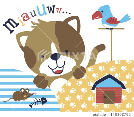Funny cat with bird and mouse, vector cartoon illustration 140368796