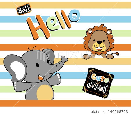Vector cartoon of funny lion with elephant on colorful striped background 140368798