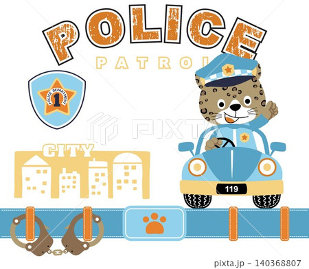 Funny cat on police car with police element, vector cartoon illustration Funny cat on police car with police element, vector cartoon illustration 140368807