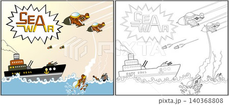 War in the sea, coloring page or book, vector cartoon illustration War in the sea, coloring page or book, vector cartoon illustration 140368808