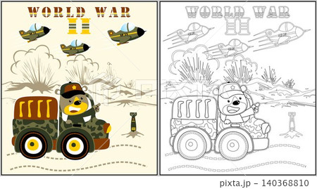 Funny bear on military truck with fighter jet in battlefield, coloring page or book, vector cartoon illustration Funny bear on military truck with fighter jet in battlefield, coloring page or book, vector cartoon illustration 140368810