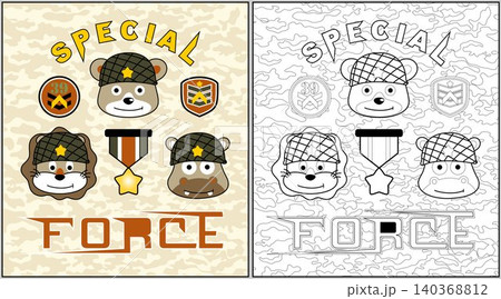 cute animals soldiers on camouflage background pattern, coloring book or page, vector cartoon illustration cute animals soldiers on camouflage background pattern, coloring book or page, vector cartoon illustration 140368812
