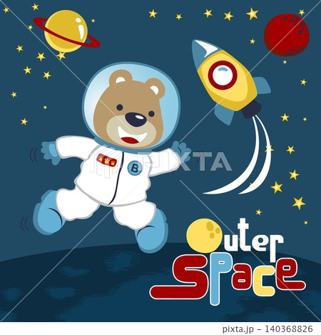 funny bear in astronaut costume in space with space elements, vector cartoon illustration 140368826