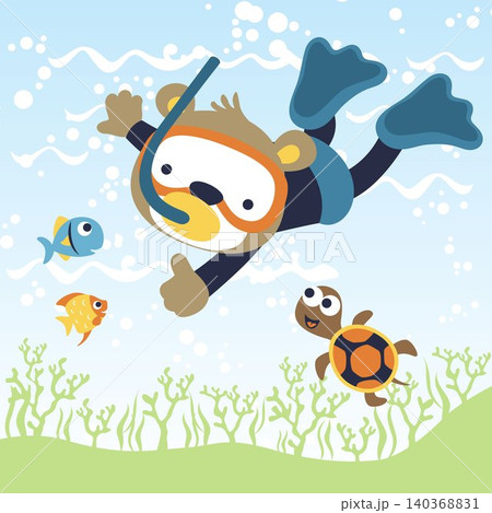 Little bear with marine animals undersea, vector cartoon illustration Little bear with marine animals undersea, vector cartoon illustration 140368831