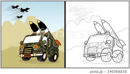 vector cartoon of military truck with missile, coloring book or page vector cartoon of military truck with missile, coloring book or page 140368838