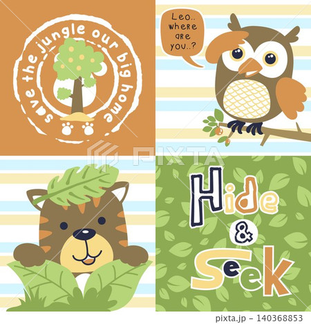 Vector cartoon illustration of cute owl with tiger playing hide and seek Vector cartoon illustration of cute owl with tiger playing hide and seek 140368853
