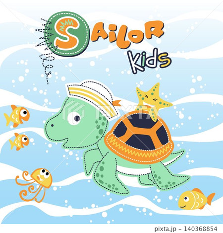 Cute turtle the sailor with little marine animals undersea 140368854