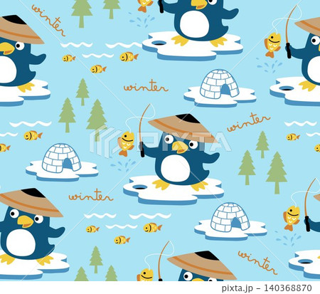 seamless pattern vector of cartoon cute penguin fishing in north pole sea 140368870
