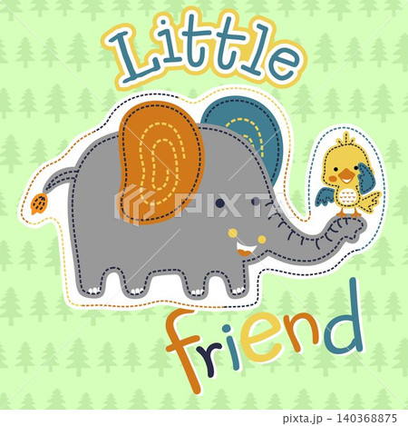 cute elephant with little bird on trees background pattern, vector cartoon illustration cute elephant with little bird on trees background pattern, vector cartoon illustration 140368875