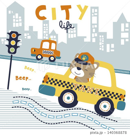 cute kitten driving taxi on building background, vector cartoon illustration 140368878