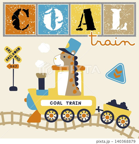 Funny giraffe cartoon on steam train, vector cartoon illustration Funny giraffe cartoon on steam train, vector cartoon illustration 140368879