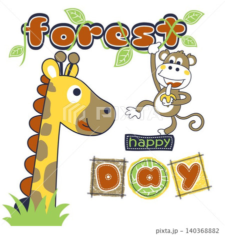 Funny giraffe with monkey in forest, vector cartoon illustration Funny giraffe with monkey in forest, vector cartoon illustration 140368882