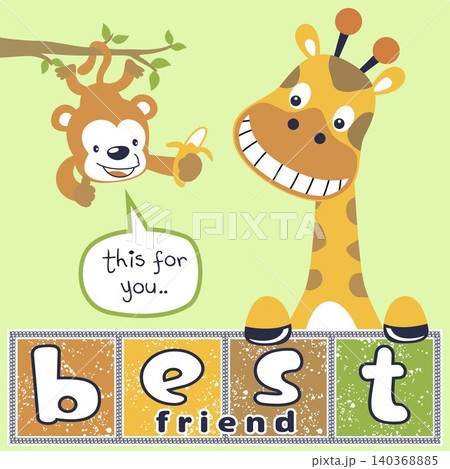 Funny monkey holding banana with giraffe, vector cartoon illustration 140368885