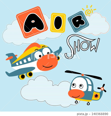 Funny plane with helicopter, vector cartoon illustration 140368890