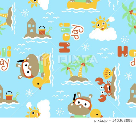 seamless pattern vector of cartoon hippo on duck swim ring with summer beach holiday elements seamless pattern vector of cartoon hippo on duck swim ring with summer beach holiday elements 140368899