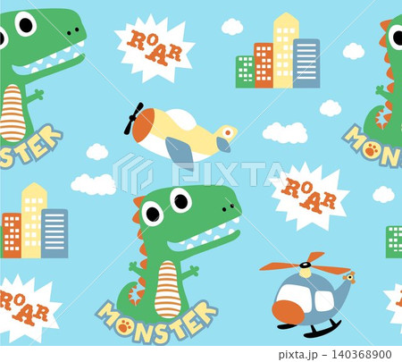seamless pattern vector of cartoon monster with aircraft and buildings seamless pattern vector of cartoon monster with aircraft and buildings 140368900