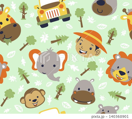 seamless pattern vector of cartoon animals smile face with a boy and car, forest elements 140368901