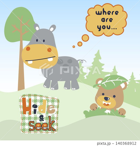 Funny cartoon of hippo and bear playing hide and seek in jungle Funny cartoon of hippo and bear playing hide and seek in jungle 140368912